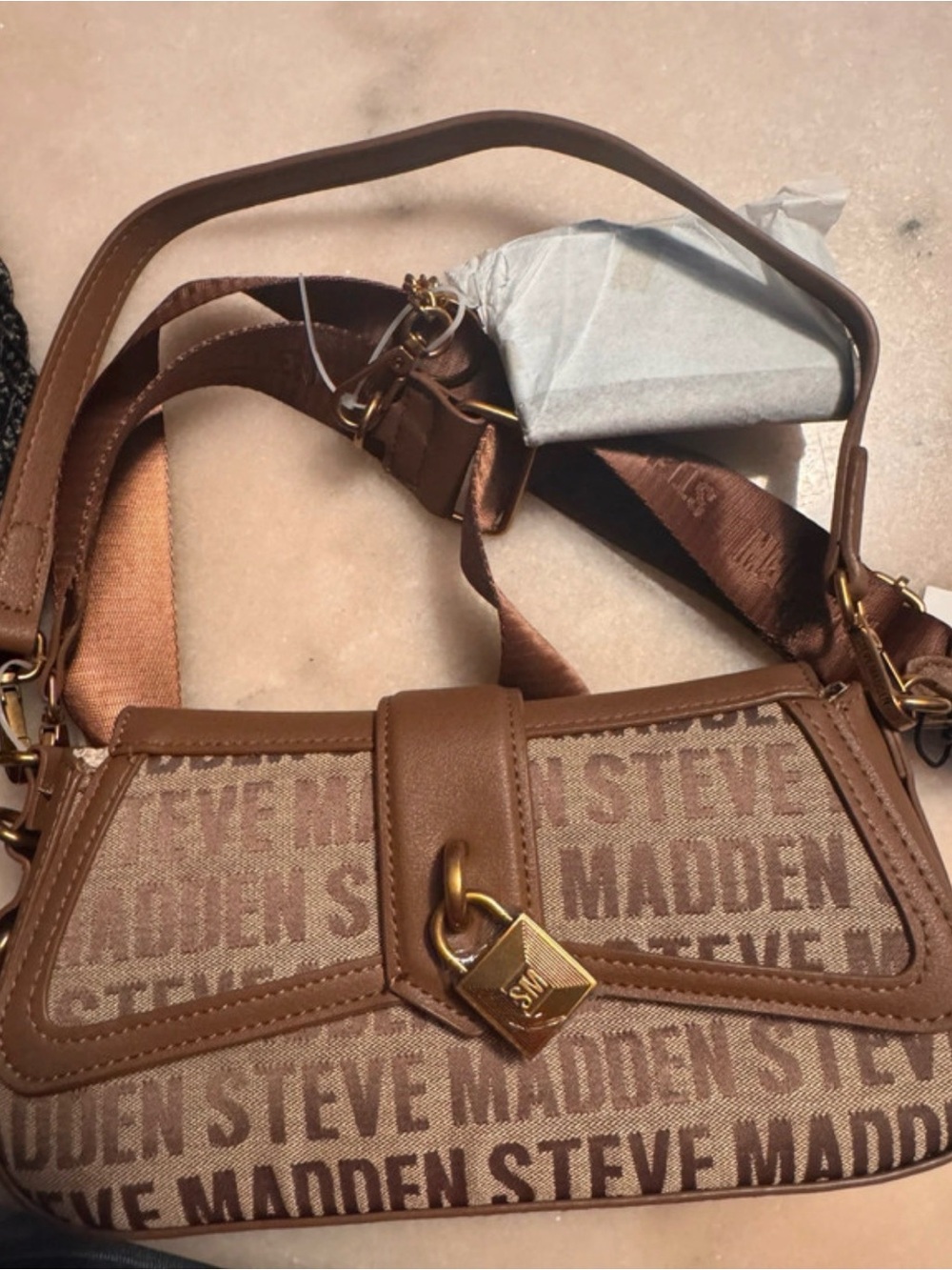 Steve Madden Brown Logo Mini Shoulder Bag with Gold Hardware